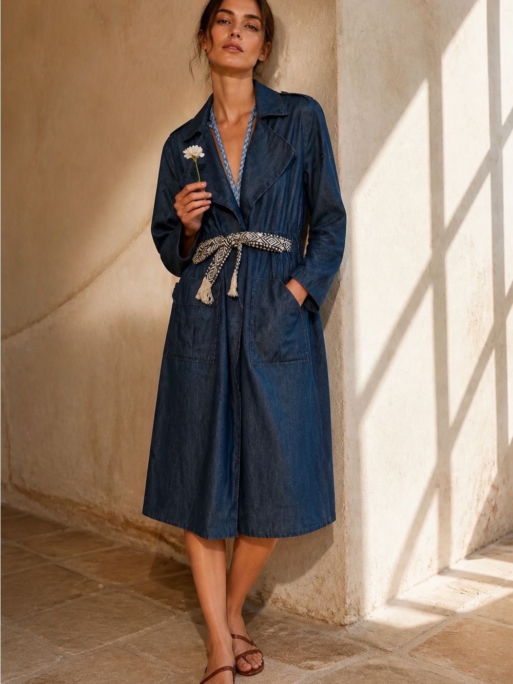 EUC SUNCOO Indigo Denim Trench Coat with Tassel Belt (T2) Medium to Large
